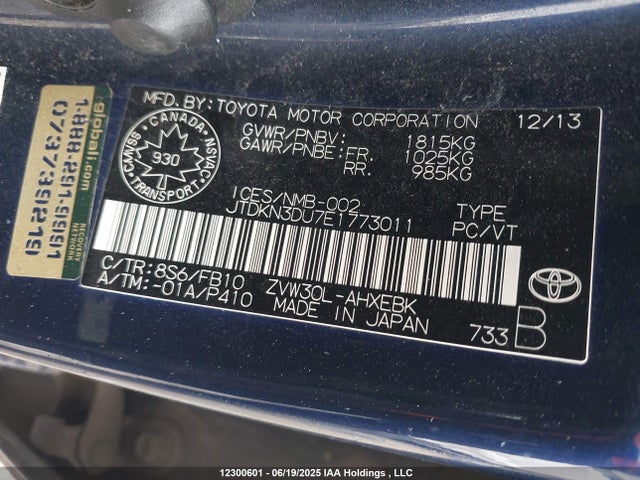 JTDKN3DU7E1773011 Toyota 2zr-fxe+3jm