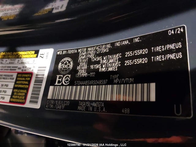 Aukcja sprzedaży 2024 Toyota Grand Highlander, vin: 5TDAAAB5XRS048597, numer aukcji: 12300790