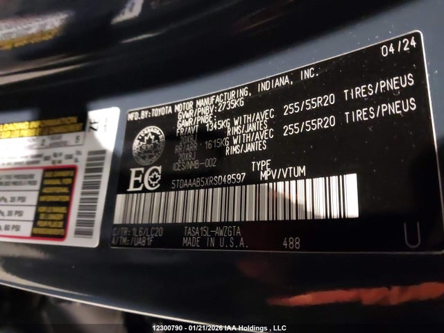 Aukcja sprzedaży 2024 Toyota Grand Highlander, vin: 5TDAAAB5XRS048597, numer aukcji: 12300790