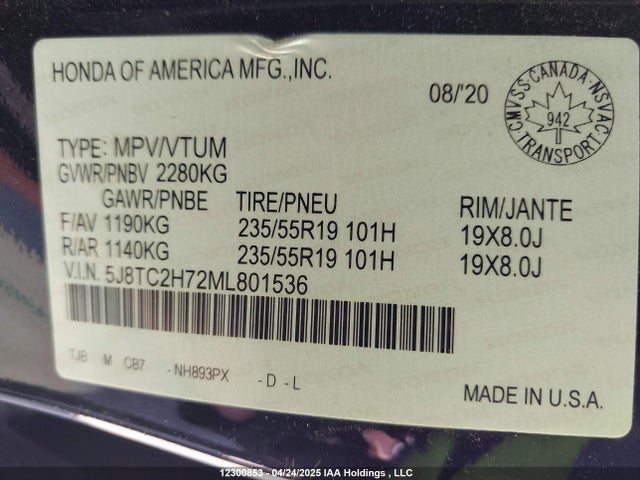 5J8TC2H72ML801536 Acura Rdx Advance/pmc Edition
