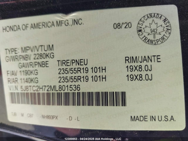 5J8TC2H72ML801536 Acura Rdx Advance/pmc Edition