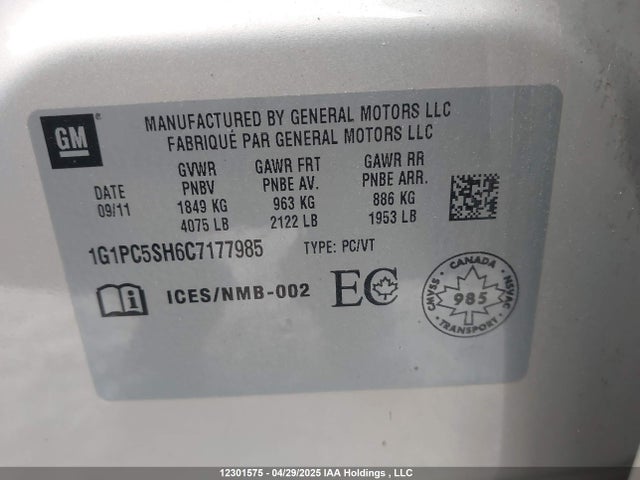 2012 Chevrolet Cruze Ls მანქანა იყიდება აუქციონზე, vin: 1G1PC5SH6C7177985, აუქციონის ნომერი: 12301575