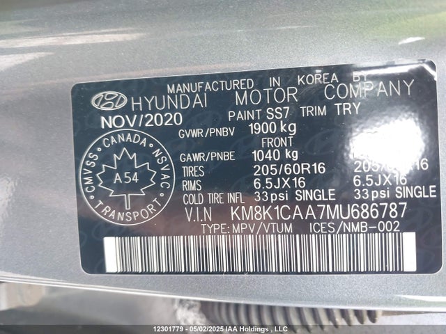 KM8K1CAA7MU686787 Hyundai mpi nu