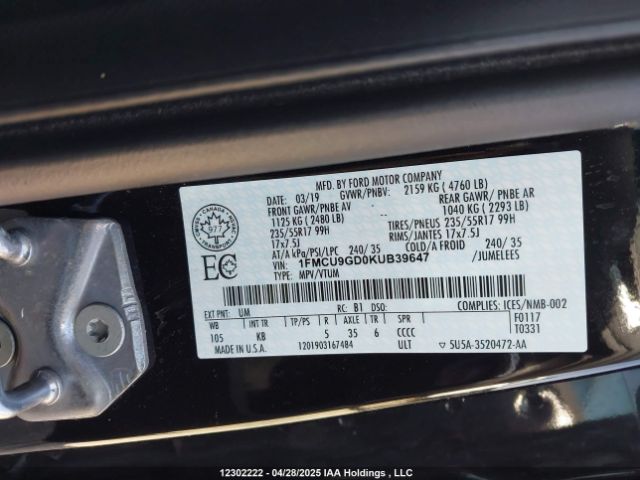1FMCU9GD0KUB39647 Ford 1.5l gtdi sigma w/premium fuel