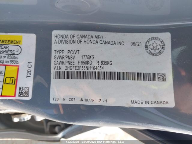 2HGFE2F56NH104054 Honda Civic Sport