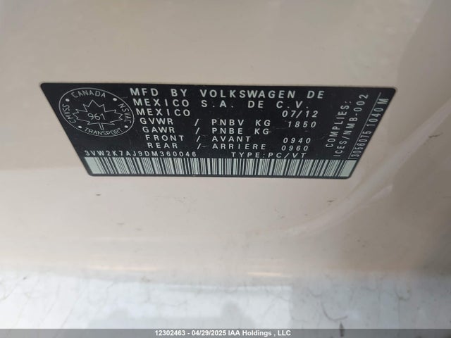 Aukcja sprzedaży 2013 Volkswagen Jetta 2.0l Trendline/2.0l Trendline+, vin: 3VW2K7AJ9DM360046, numer aukcji: 12302463