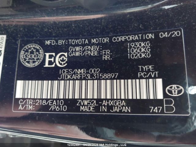 JTDKARFP3L3158897 Toyota 2zr-fxe+1nm+1sm