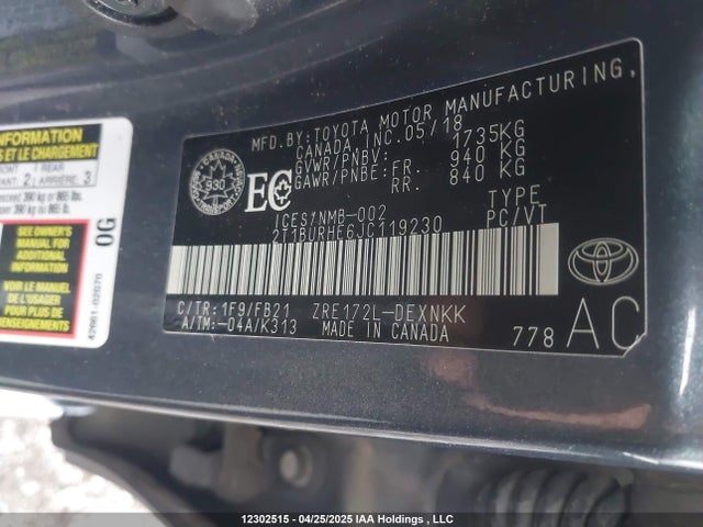 2T1BURHE6JC119230 Toyota 2zr-fe