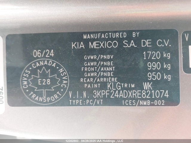 3KPF24ADXRE821074 KIA mpi nu