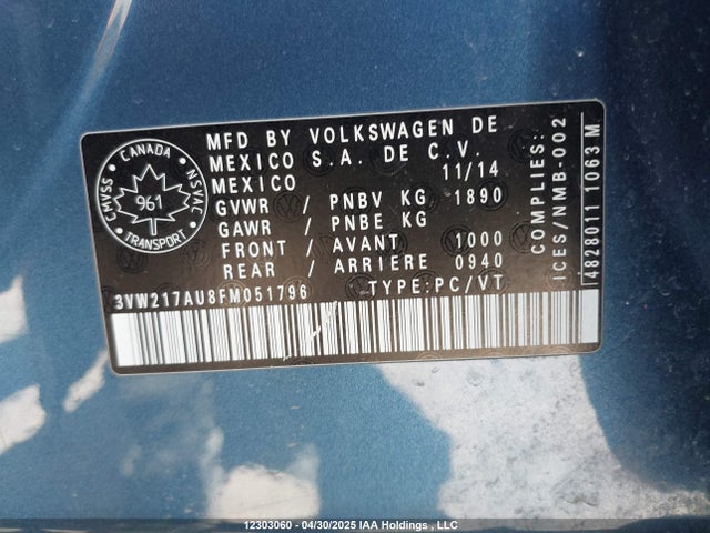3VW217AU8FM051796 Volkswagen 2015