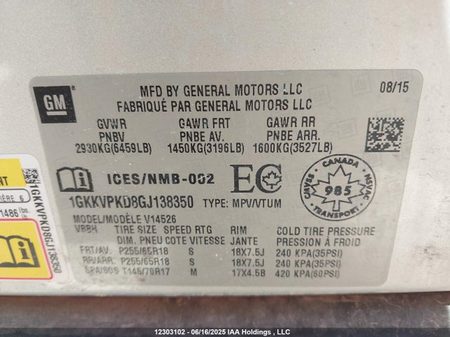 1GKKVPKD8GJ138350 GMC llt - sidi, alum, 60 degrees