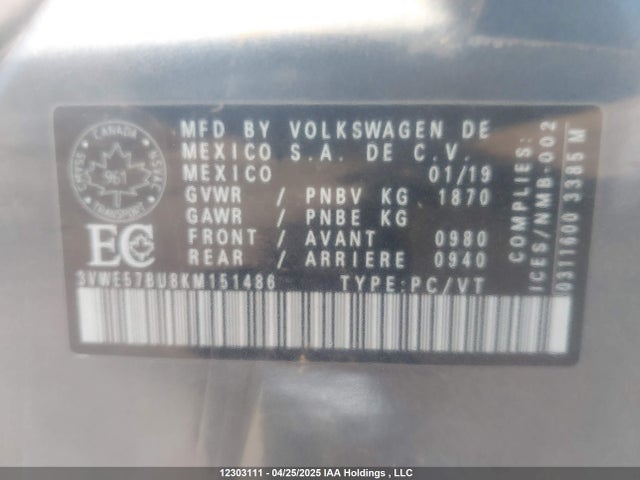 3VWE57BU8KM151486 Volkswagen 1.8 tsi