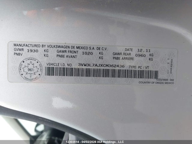 2012 Volkswagen Jetta მანქანა იყიდება აუქციონზე, vin: 3VW3L7AJXCM362436, აუქციონის ნომერი: 12303514