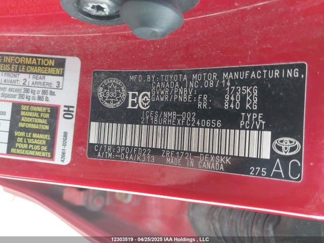 Toyota 2zr-fe 2015 2T1BURHEXFC240656 Image 9