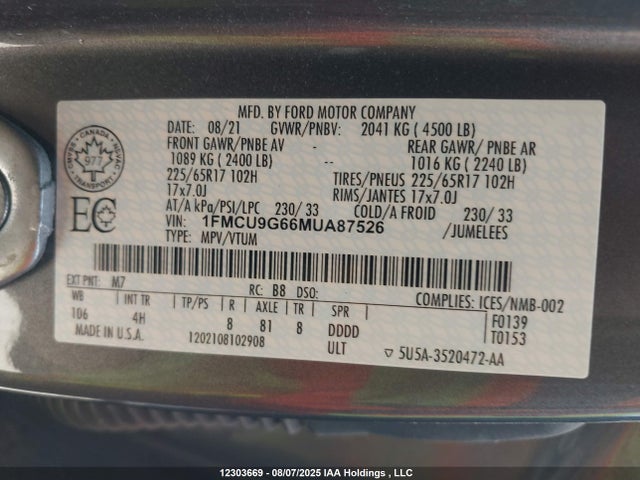 1FMCU9G66MUA87526 Ford dragon di tc
