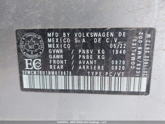 Aukcja sprzedaży 2022 Volkswagen Jetta Trendline, vin: 3VWCM7BU1NM018678, numer aukcji: 12303674
