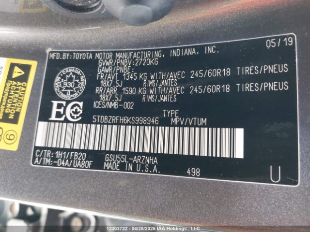 5TDBZRFH6KS998946 Toyota Highlander Le