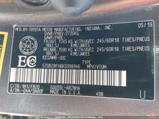 5TDBZRFH6KS998946 Toyota Highlander Le
