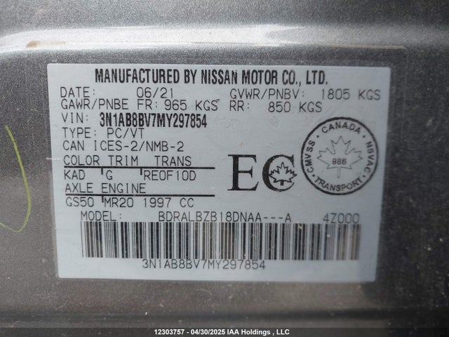 3N1AB8BV7MY297854 Nissan Sentra