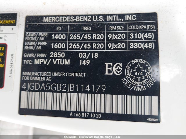 4JGDA5GB2JB114179 Mercedes-Benz m276