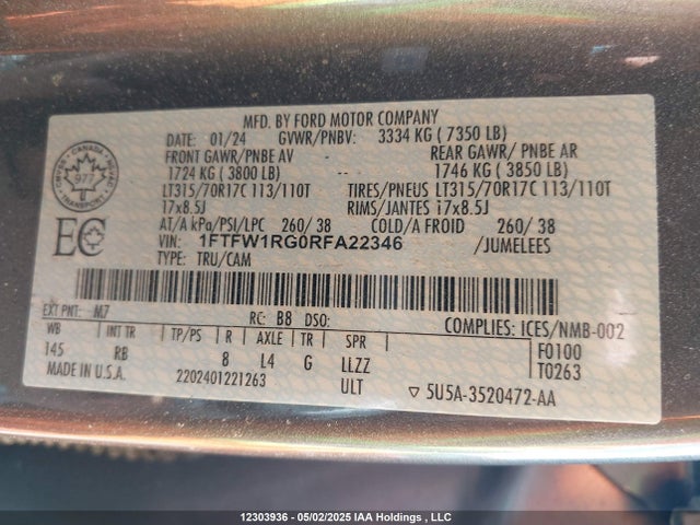 Aukcja sprzedaży 2024 Ford F150 Raptor, vin: 1FTFW1RG0RFA22346, numer aukcji: 12303936