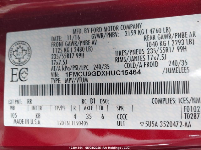 1FMCU9GDXHUC15464 Ford gtdi sigma w/premium fuel