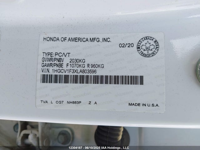 1HGCV1F3XLA803596 Honda l15be