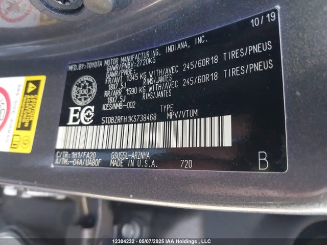 12304232 :رقم المزاد ، 5TDBZRFH1KS738468 vin ، 2019 Toyota Highlander Le مزاد بيع
