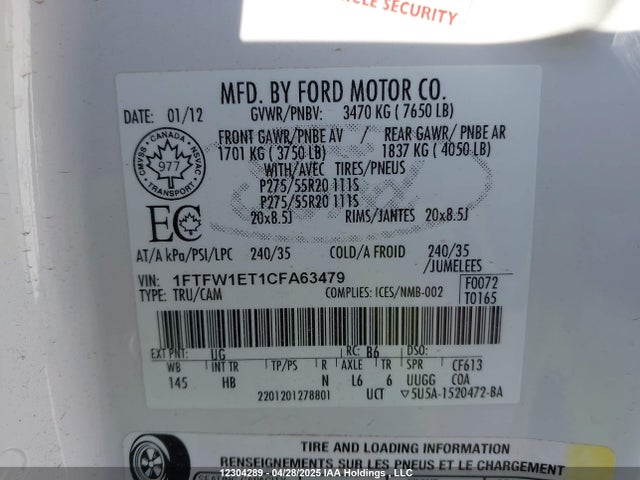 Aukcja sprzedaży 2012 Ford F150 Supercrew, vin: 1FTFW1ET1CFA63479, numer aukcji: 12304289