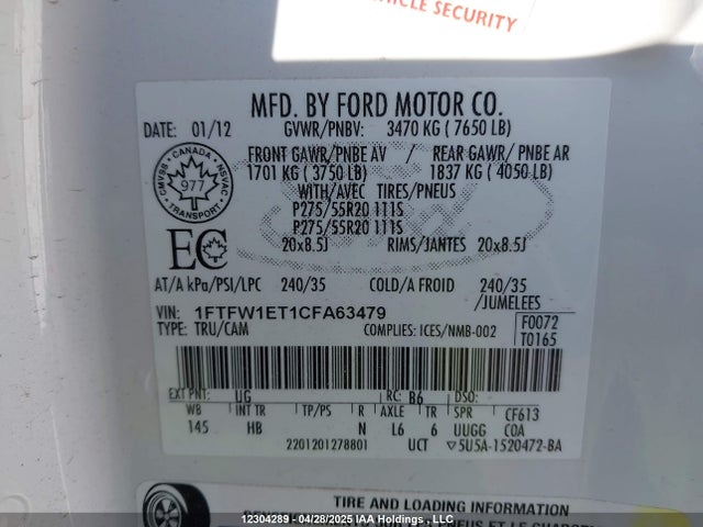 Aukcja sprzedaży 2012 Ford F150 Supercrew, vin: 1FTFW1ET1CFA63479, numer aukcji: 12304289