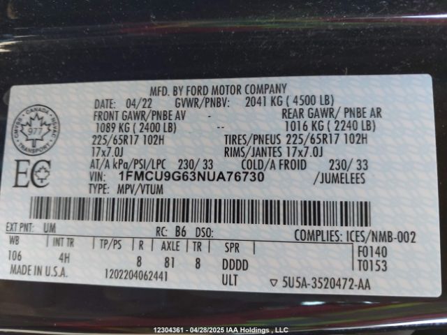 1FMCU9G63NUA76730 Ford ESCAPE SE