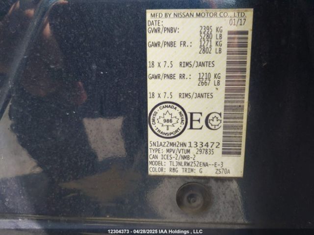 5N1AZ2MH2HN133472 Nissan Murano S/sl/sv/platinum