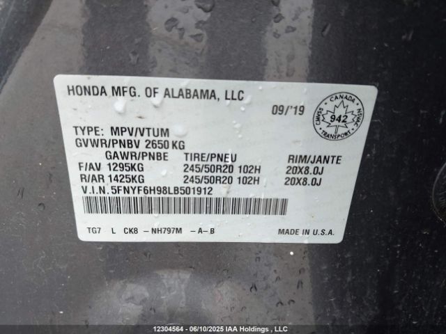 5FNYF6H98LB501912 Honda Pilot Touring