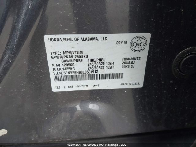5FNYF6H98LB501912 Honda Pilot Touring