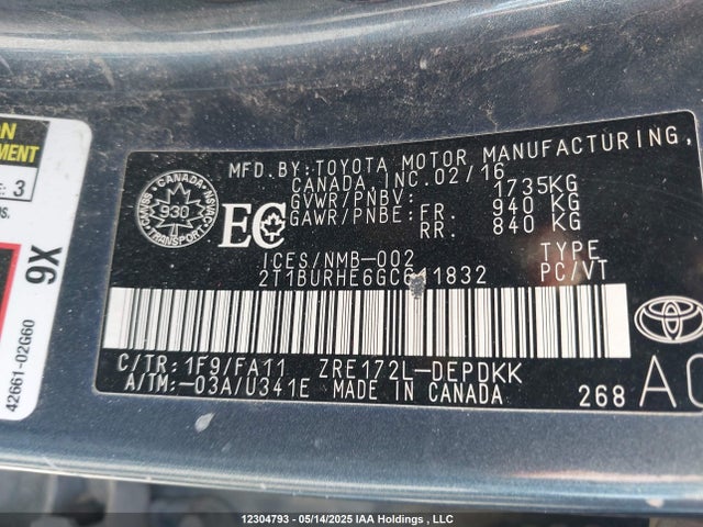 2T1BURHE6GC611832 Toyota Corolla L/le/le Pls/prm/s/s Pls