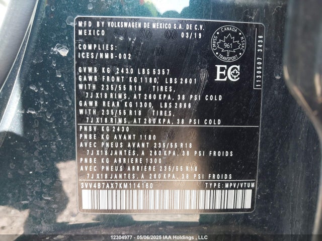 3VV4B7AX7KM114160 Volkswagen Tiguan