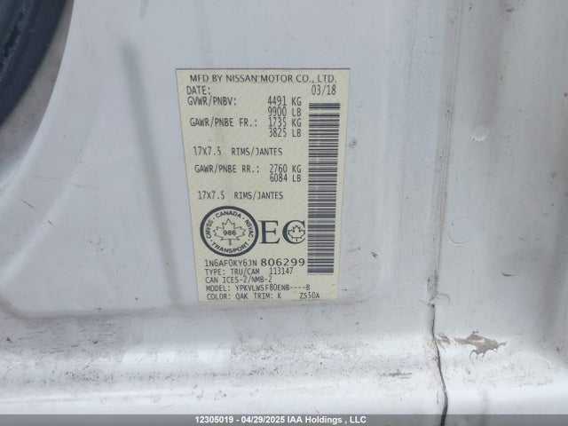 1N6SF0KY8JN806299 Nissan Nv Cargo Nv2500 Hd S V8/sv V8