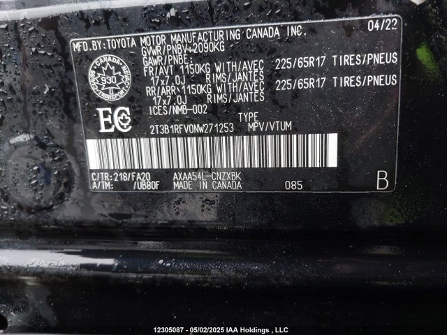 12305087 :رقم المزاد ، 2T3B1RFV0NW271253 vin ، 2022 Toyota Rav4 Le مزاد بيع