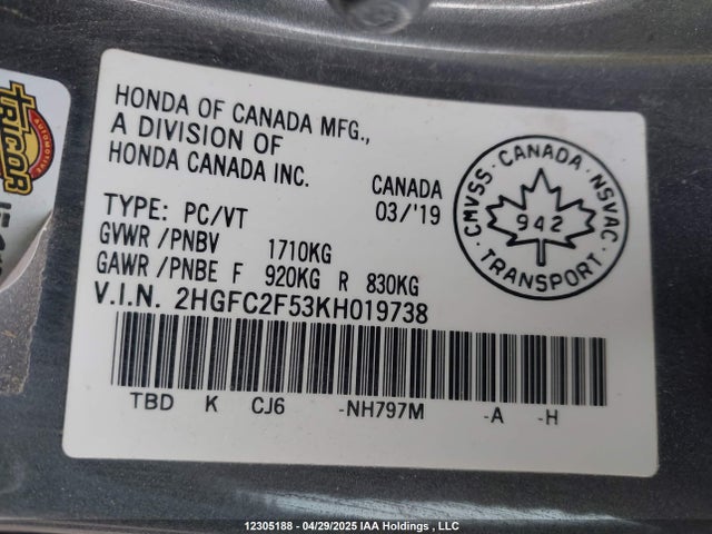 Honda k20c2 2019 2HGFC2F53KH019738 Image 9
