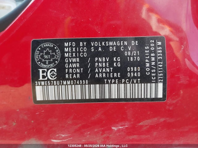 Aukcja sprzedaży 2021 Volkswagen Jetta Highline, vin: 3VWE57BU7MM074998, numer aukcji: 12305248