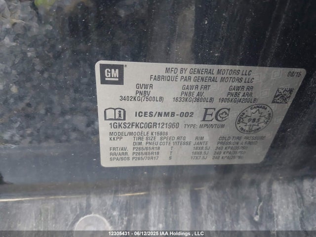1GKS2FKC0GR121960 GMC Yukon Xl Sle