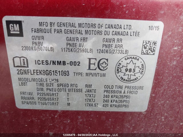 Chevrolet EQUINOX LT 2016 2GNFLFEK8G6151093 Image 9