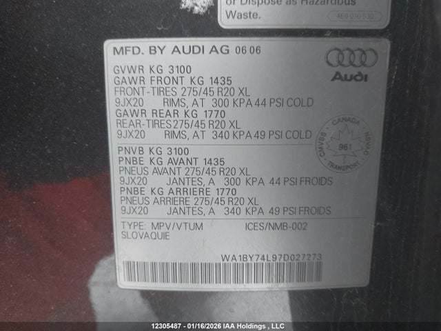 Aukcja sprzedaży 2007 Audi Q7, vin: WA1BY74L97D027273, numer aukcji: 12305487