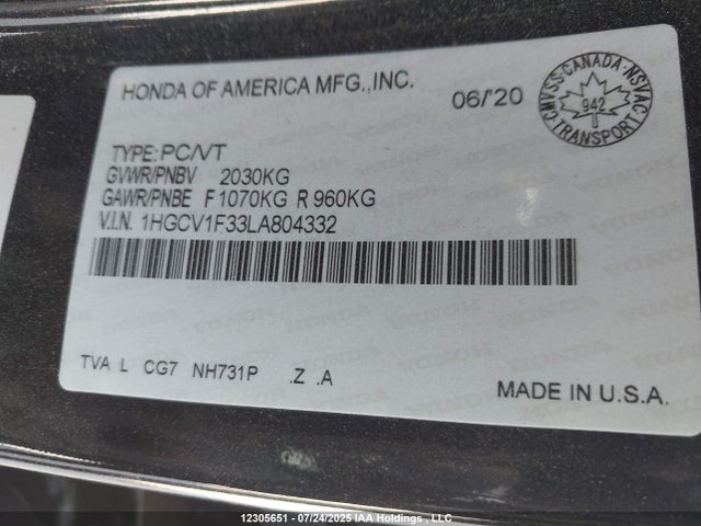 1HGCV1F33LA804332 Honda l15be