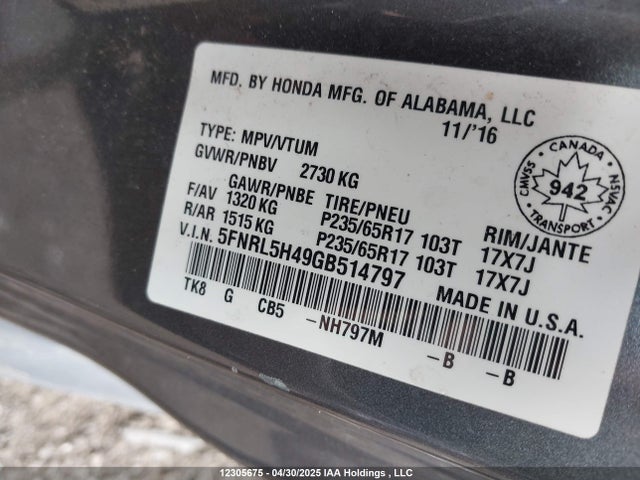 5FNRL5H49GB514797 Honda Odyssey