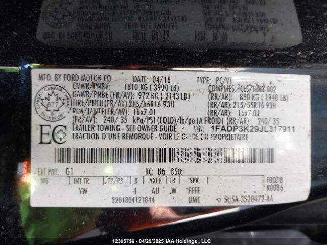 1FADP3K29JL317911 Ford 2.0l gdi