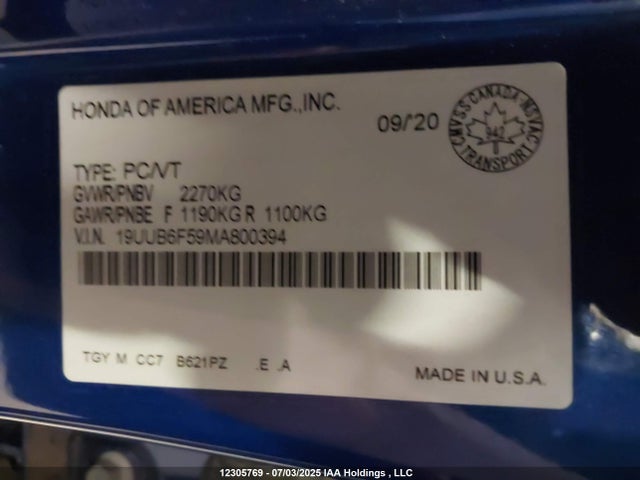 Acura k20c6 2021 19UUB6F59MA800394 Image 9