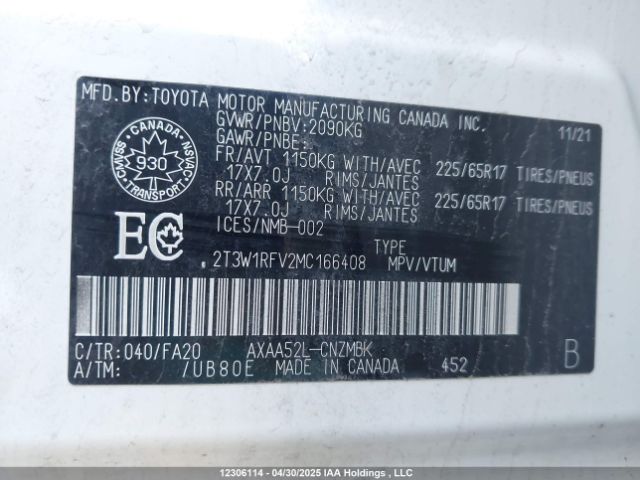 2T3W1RFV2MC166408 Toyota Rav4 Xle/xle Premium