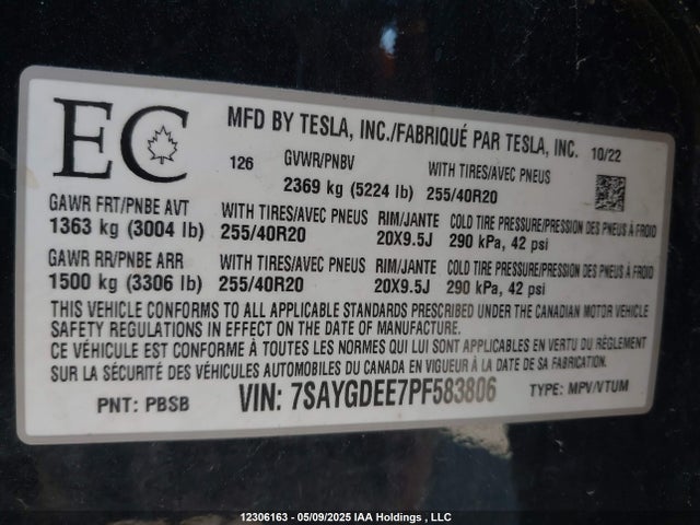 7SAYGDEE7PF583806 Tesla Model Y
