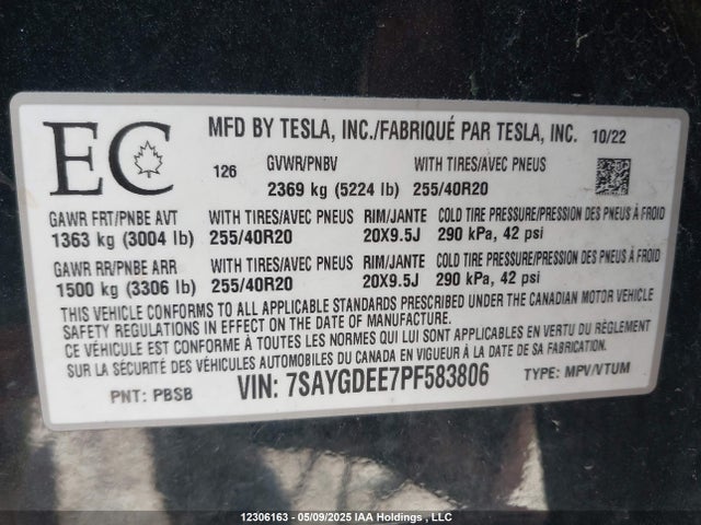 7SAYGDEE7PF583806 Tesla Model Y